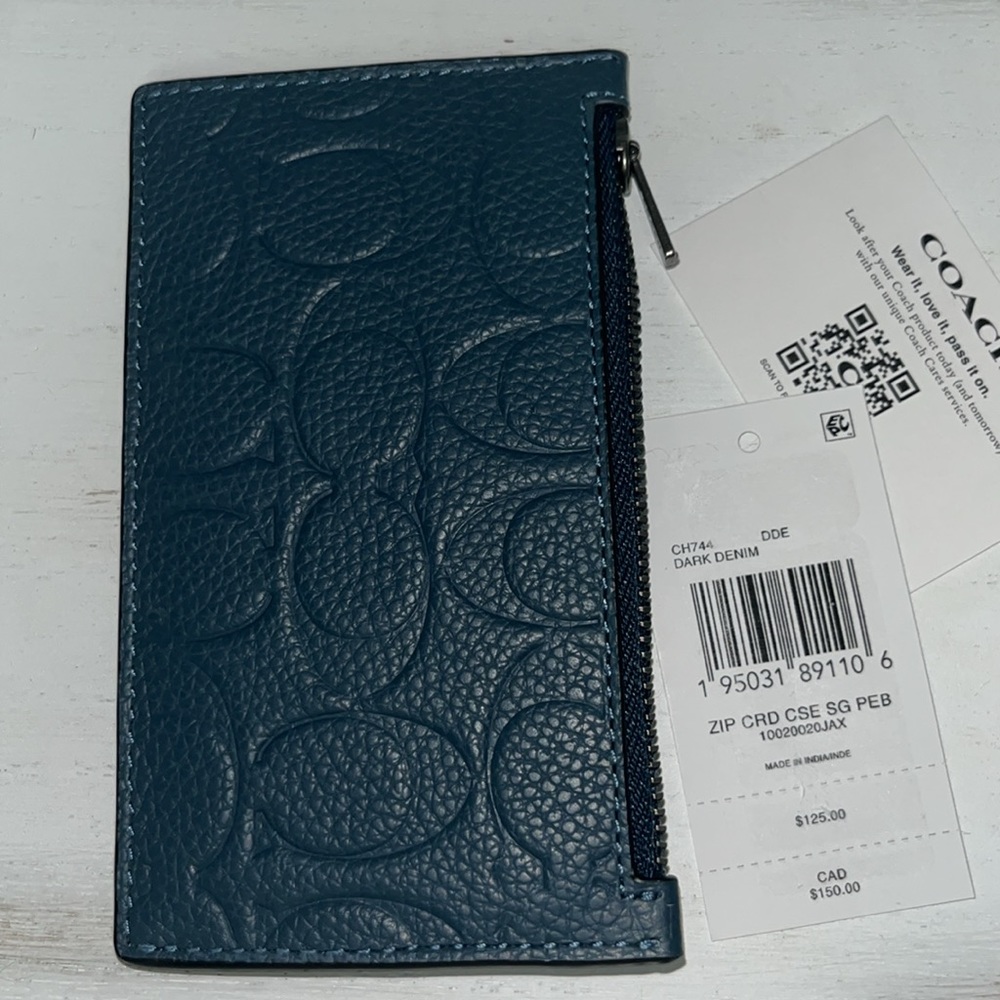 New Coach Zip Card Case in Dark Denim Signature Pebbled Leather - Picture 6 of 6